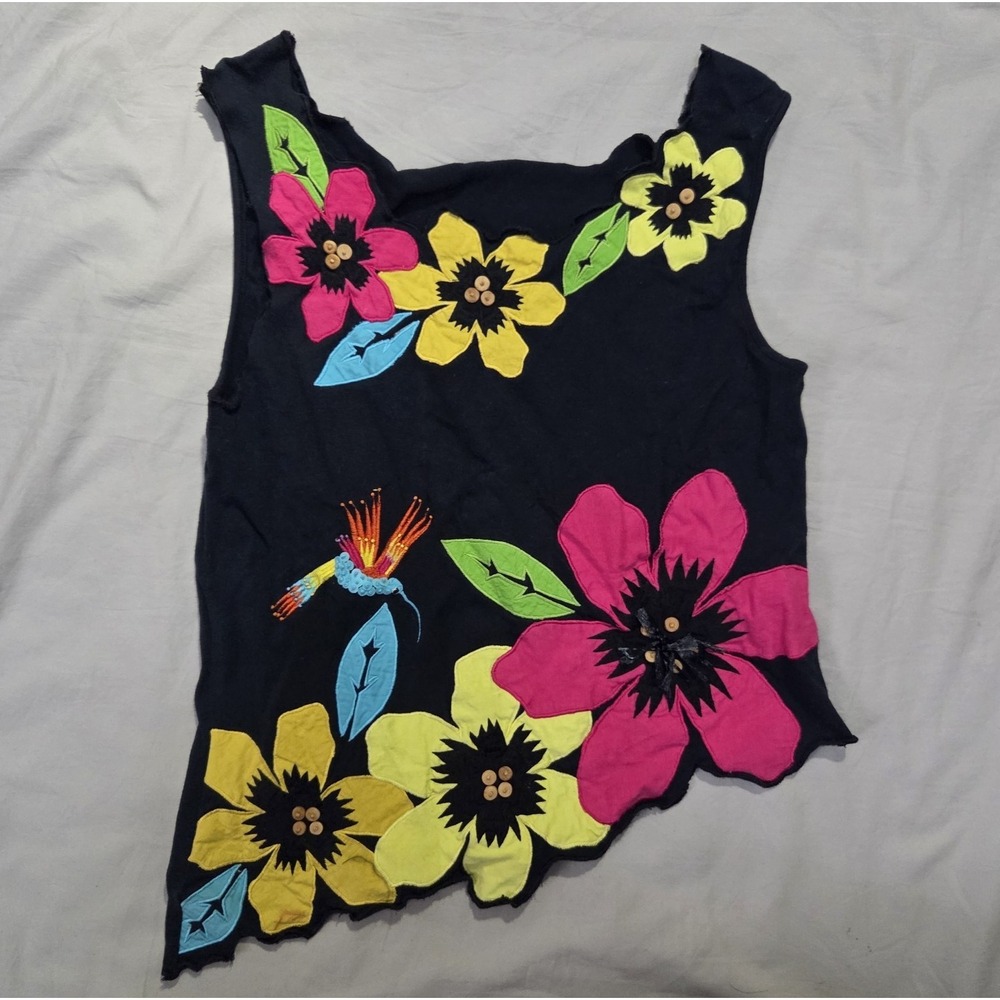 VTG Michael Simon Sleeveless Top Womens Sz M Black W/ Floral Flower Embroidery